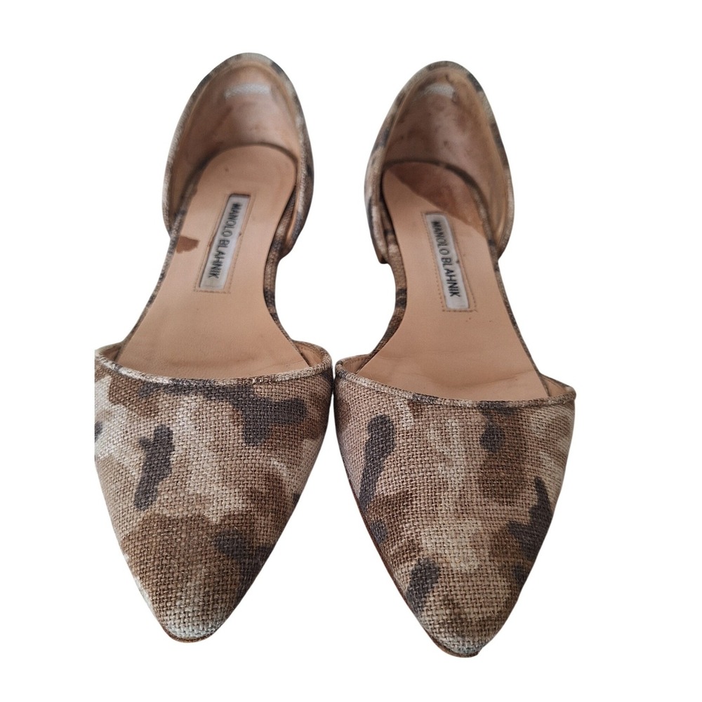 Manolo Blahnik Soussaba Camo-Print d'Orsay Flat, Khaki Sz‎ 36.5 /6US